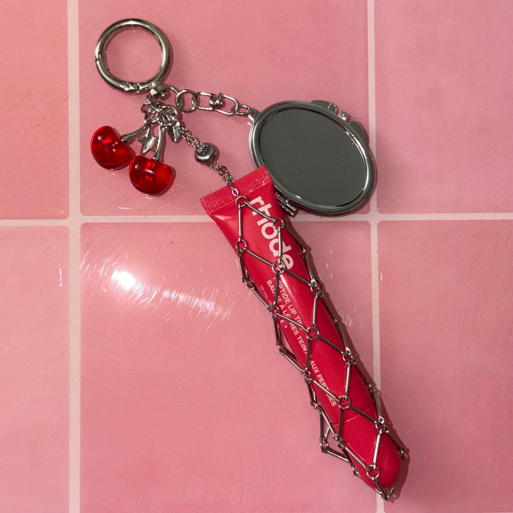 Lip Tint Charm Keychain with Mirror and Red Cherries Silver
